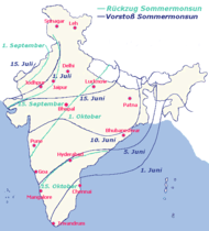 Ausbreitung und Rückzug des indischen Sommermonsuns