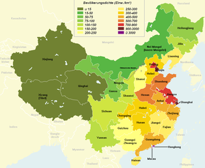 Die Bevölkerungsdichte in den Provinzen Chinas